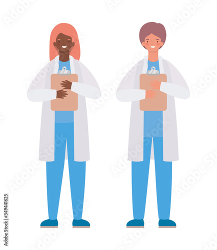 Woman and man doctor with uniform and medical history vector design