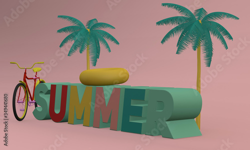 summer in 3d palm trees  bicycle  lifeguard and ball on a pink background.3D illustration