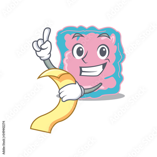 Intestine mascot character style with a menu on his hand