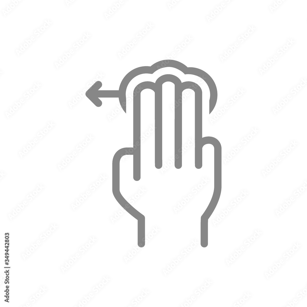 Tap with three fingers and swipe left line icon. Multi touch screen fingers, 3x tap symbol Tap with three fingers and swipe left line icon. Multi touch screen fingers, 3x tap symbol
