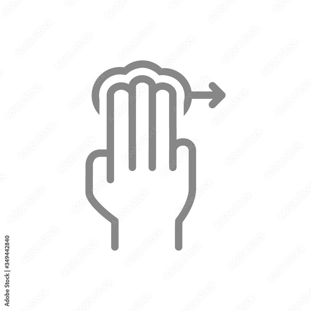 Tap with three fingers and swipe right line icon. Multi touch screen fingers, 3x tap symbol Tap with three fingers and swipe right line icon. Multi touch screen fingers, 3x tap symbol