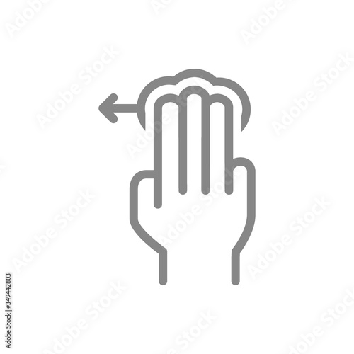 Tap with three fingers and swipe left line icon. Multi touch screen fingers, 3x tap symbol