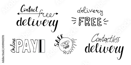 COVID19 delivery vector set. Collection of free, safe, contact free, contactless delivery, online pay hand drawn lettering with medical face mask and gloves icon.