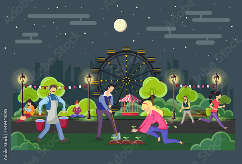 Different people walking in the park in the evening. Urban city landscape. Flat style vector illustration