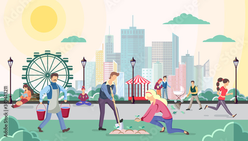 Different people walking in the park. Urban city landscape. Flat style vector illustration