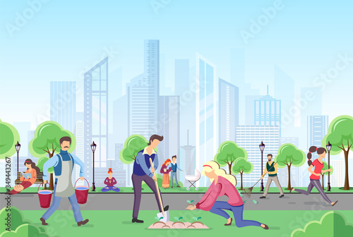 Different people walking in the park. Urban city landscape. Flat style vector illustration