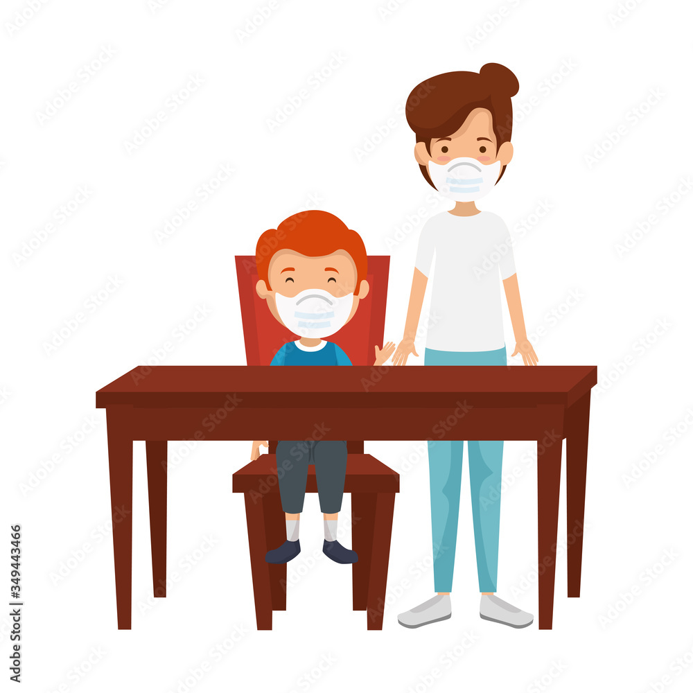 mother with son using face mask in wooden table vector illustration design mother with son using face mask in wooden table vector illustration design