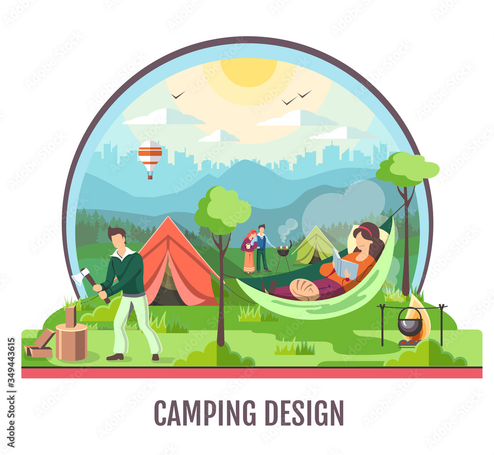People camping in the wild nature. Outdoor adventure. Flat style vector illustration.