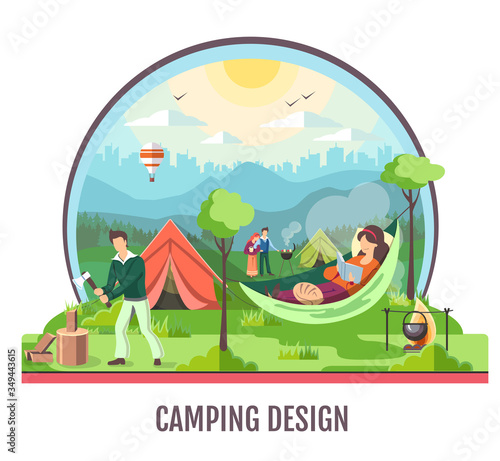 People camping in the wild nature. Outdoor adventure. Flat style vector illustration.