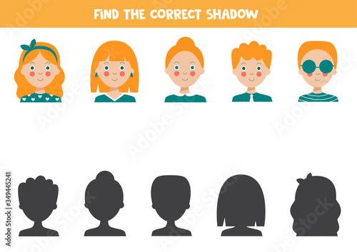 Find the right shadow of cute cartoon people. Educational game.