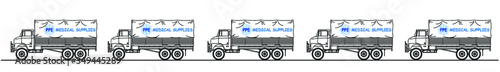 Banner heading of truck convoy delivering personal protection equipment medical supplies, line diagram isolated on white background