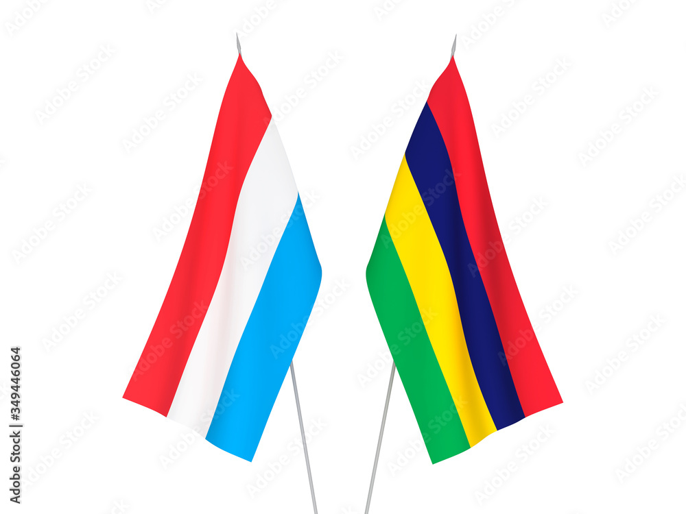 National fabric flags of Luxembourg and Republic of Mauritius isolated on white background. 3d rendering illustration.