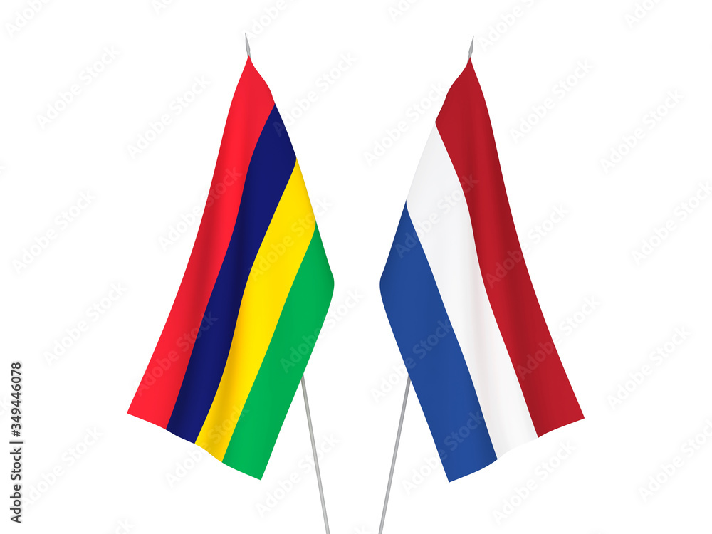 National fabric flags of Netherlands and Republic of Mauritius isolated on white background. 3d rendering illustration.