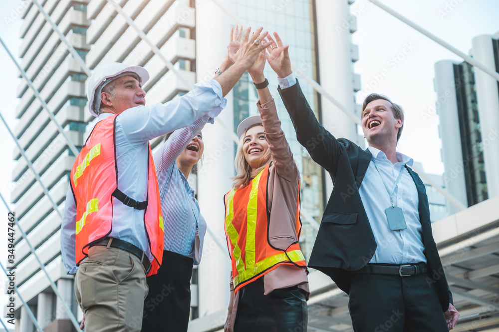 Group of Multiethnic Diverse People with Different Jobs celebrate with arm stretch feeling happy and give the high five Group of Multiethnic Diverse People with Different Jobs celebrate with arm stretch feeling happy and give the high five
