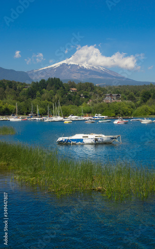 PUCON, CHILE - SEPTEMBER, 23, 2018: Pucon town in central Chile on a blue skies sunny day photo