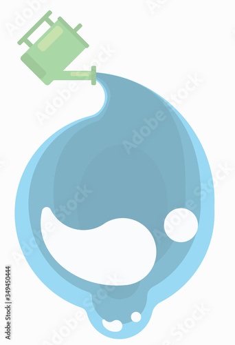 A large drop of pure water flows from a watering can..Flat illustration icon.