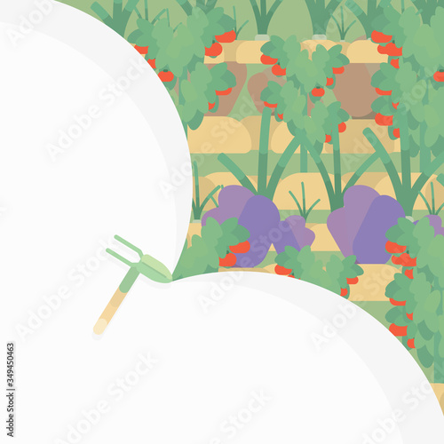 A chopper opens a flowering garden with vegetables and herbs.