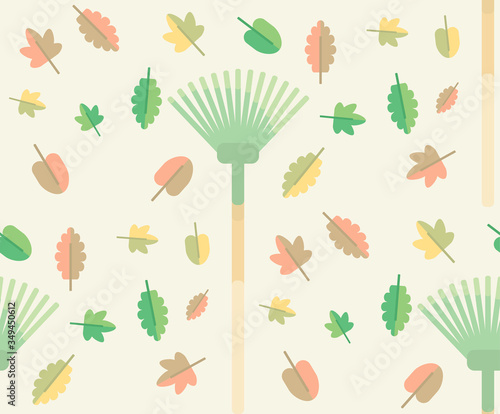 Pattern of fan rake unbending autumn leaves. Wrapping.