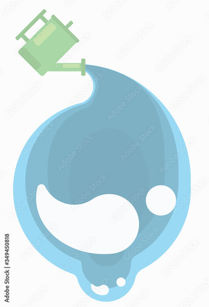 A large drop of pure water flows from a watering can..Flat illustration icon. A large drop of pure water flows from a watering can..Flat illustration icon.