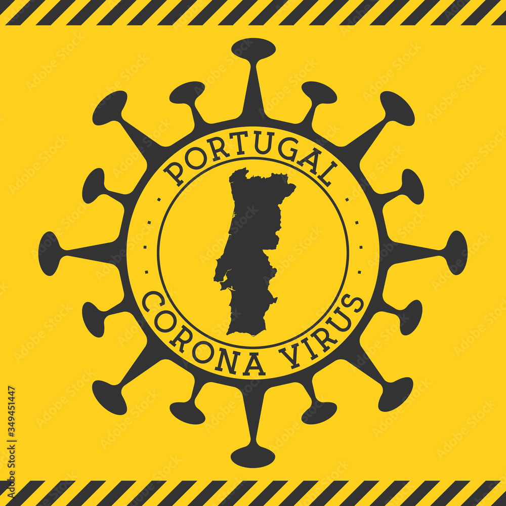 Corona virus in Portugal sign. Round badge with shape of virus and Portugal map. Yellow country epidemy lock down stamp. Vector illustration.