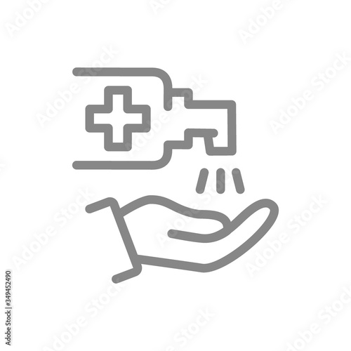 Cleaning hands with disinfectant line icon. Hygiene, disinfection product symbol