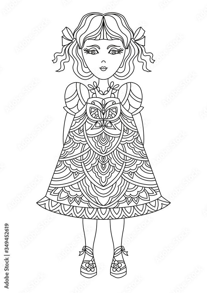 Fototapeta premium Coloring book page. Cute girl coloring. Line art.