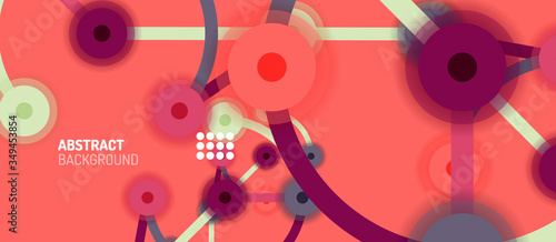 Flat style geometric abstract background, round dots or circle connections on color background. Technology network concept.