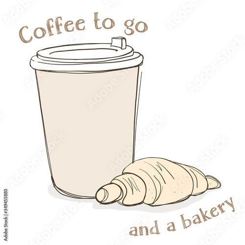 Disposable paper Cup with a lid with hot takeaway coffee and a fresh croissant.. Hand-drawn.