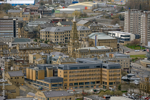 Aerial photo of the famous Piece Hall in the Blackledge area of Halifax in Calderdale in West Yorkshire, England, showing the historic stone build building in the town centre. photo