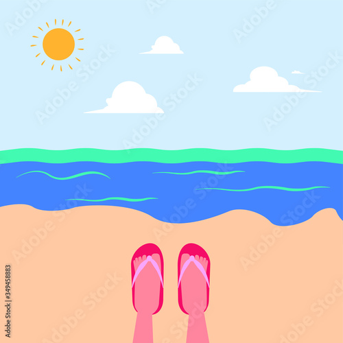 Summer vector concept: Foot with  flip flops sunbathing on the sandy beach at sunny day