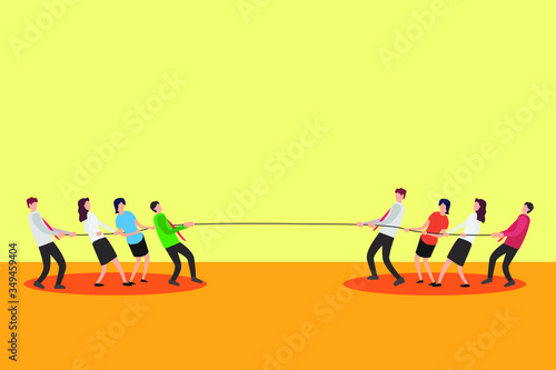 Business competition vector concept: Group of business figures playing tug of war
