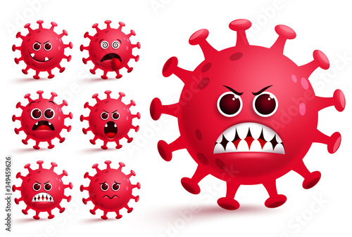 Coronavirus covid-19 emoji smiley vector set. Covid19 corona virus emoji and emoticon with red angry facial expression and emotion for global pandemic. Vector illustration.
