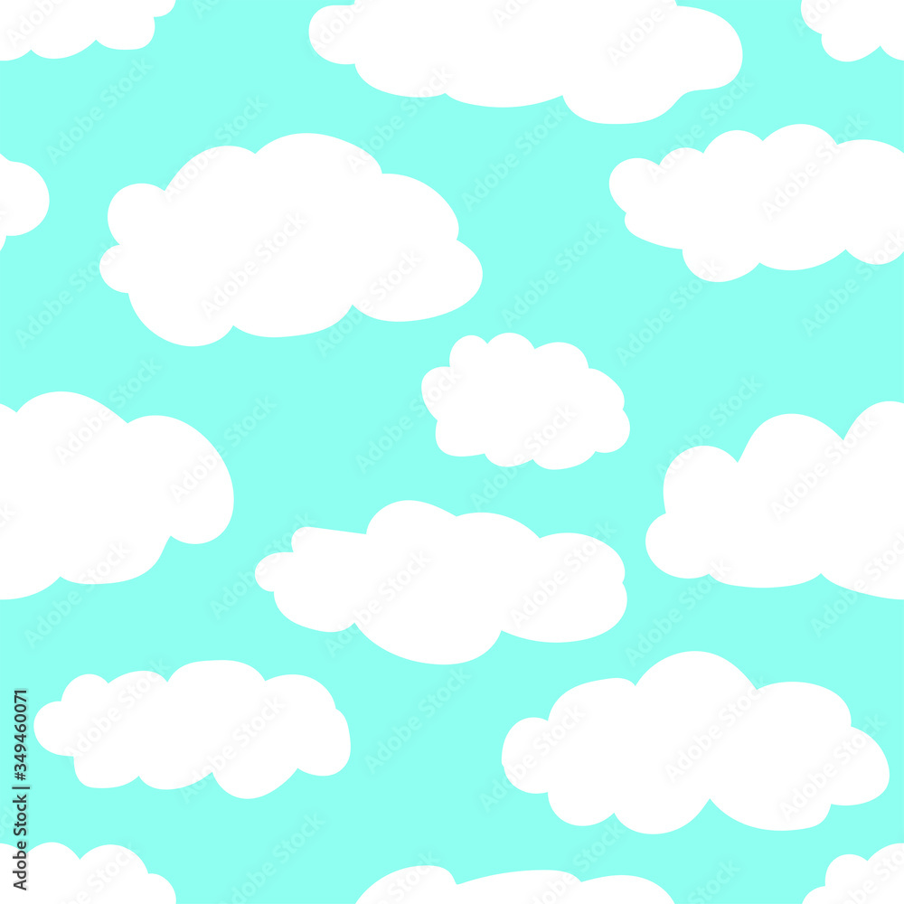 Seamless minimalistic cloud pattern. Cute illustration for wallpaper, wrapping paper, textile, design for children. Hand-drawn silhouetted white clouds on blue sky background