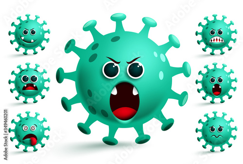 Coronavirus covid-19 emoji vector set. Green covid-19 corona virus smileys emoji and emoticon with angry facial expression for corona outbreak collection isolated in white background.