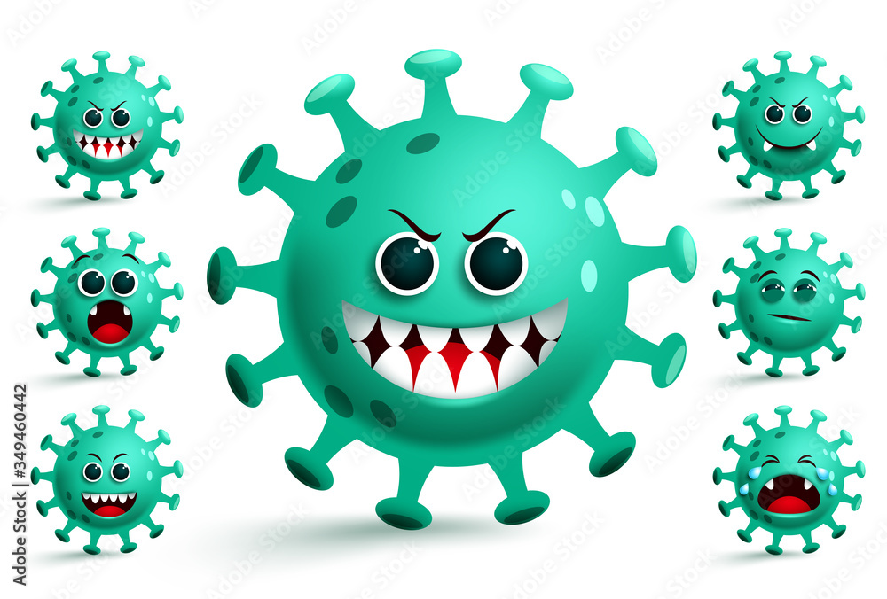 Corona virus emojis vector set. Green covid19 coronavirus smiley