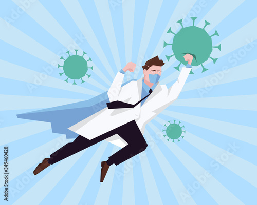Doctor superhero working in hospital and fighting the coronavirus. Healtcare concept corona virus outbreak pandemic stop. Vector illustration.