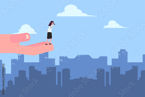 Business vision vector concept: businesswoman standing on a big palm hand using binoculars looking at the future