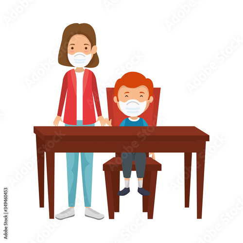 mother with son using face mask in wooden table vector illustration design