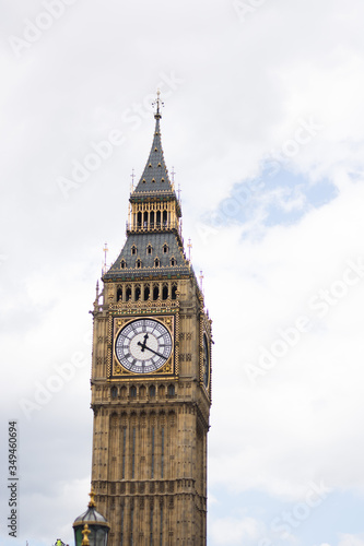 London, United Kingdom 9-8-2017 - Isolated photo of big ben clock tower in London. Tourist attraction photo, cloudy and rainy weather