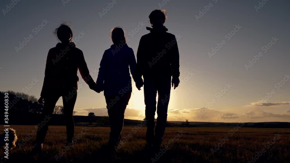 Silhouette of a happy family a father and mother with children holding hands go through the field enjoying a walk. Family trip with a small pet. The dog runs alongside. Silhouette of a happy family a father and mother with children holding hands go through the field enjoying a walk. Family trip with a small pet. The dog runs alongside.