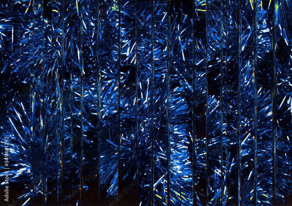 Tinsel abstract background. Christmas decor. Blue sparkling texture.