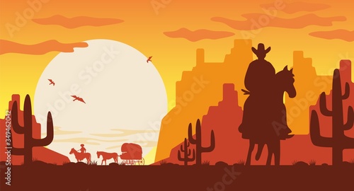 Wild west landscape silhouette. Silhouette cowboy on horse van with rider vector background of setting greater sun flying vultures in Mojave desert cacti mountains.