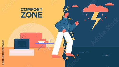 Cartoon man leave comfort zone walking to work vector flat illustration. Colorful guy going outdoor with bad weather break cozy home interior. Exit from comfortable room to difficulties overcoming