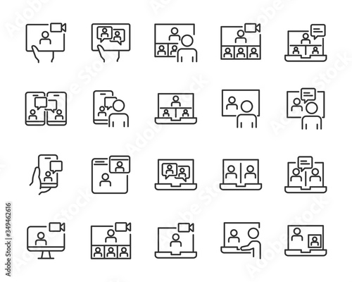 set of online meeting icon, work form home, work, social distancing, video conference, content creator