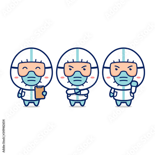 cute doctor nurse medical staff pose set with hazmat suit fight covid corona flu virus bacteria disease