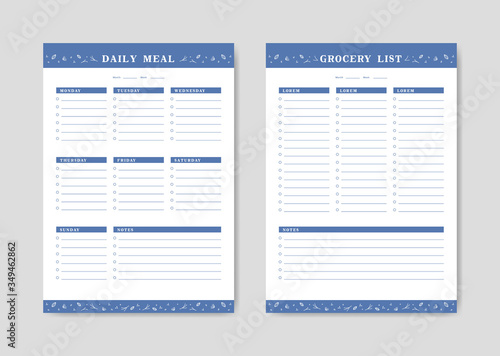 Meal menu planner and shopping grocery list with checklist for print template with monoline plant flower decoration