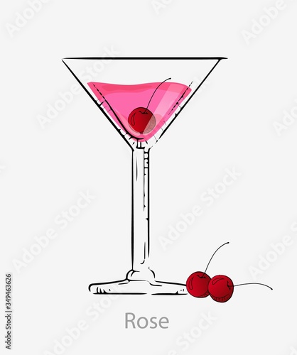 Cocktail rose. Red cocktail cherry long drink alcoholic dry vermouth cherry liquor strawberry syrup served vector martini glass category modern classic.