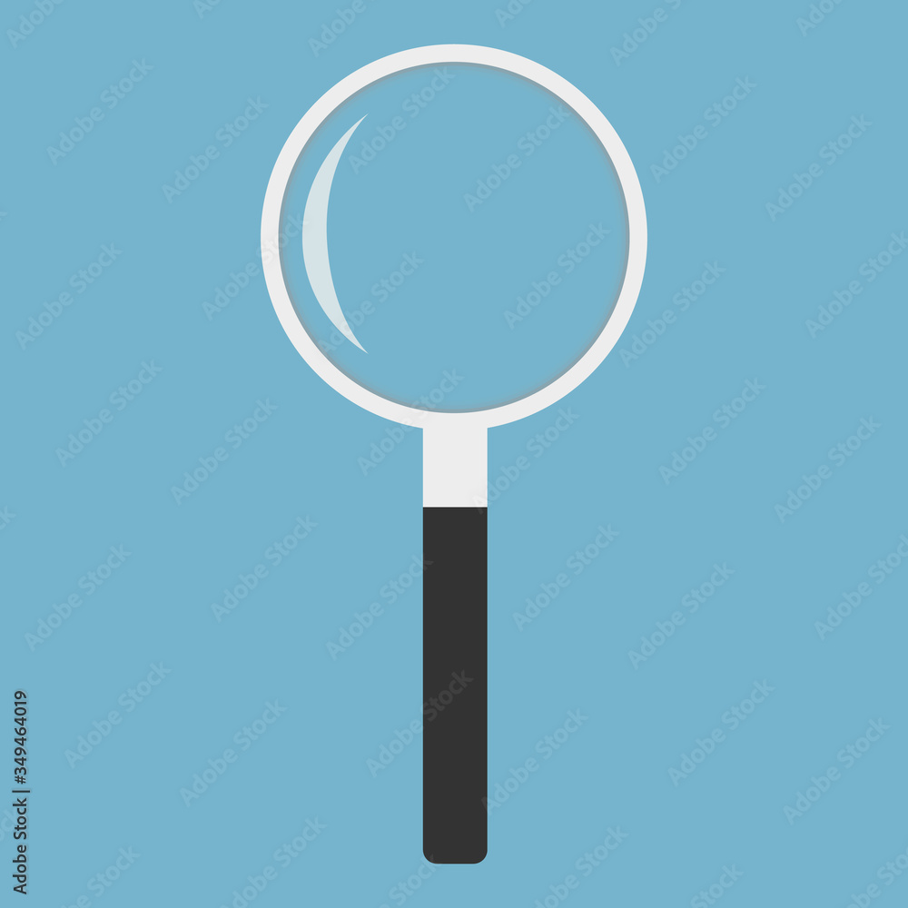 Magnifying glass in flat style on light blue background. Vector illustration. Can be used as icon, in search, focus, highlight, research, discovery concept. Magnifying glass in flat style on light blue background. Vector illustration. Can be used as icon, in search, focus, highlight, research, discovery concept.