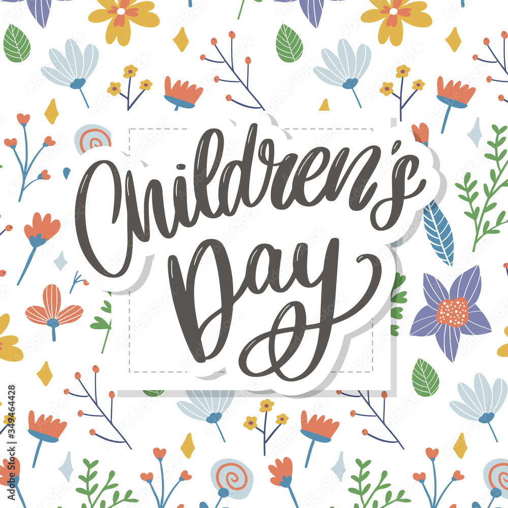 happy children's day, cute vector greeting card with funny letters in scandinavian style and cartoon landscape happy children's day, cute vector greeting card with funny letters in scandinavian style and cartoon landscape