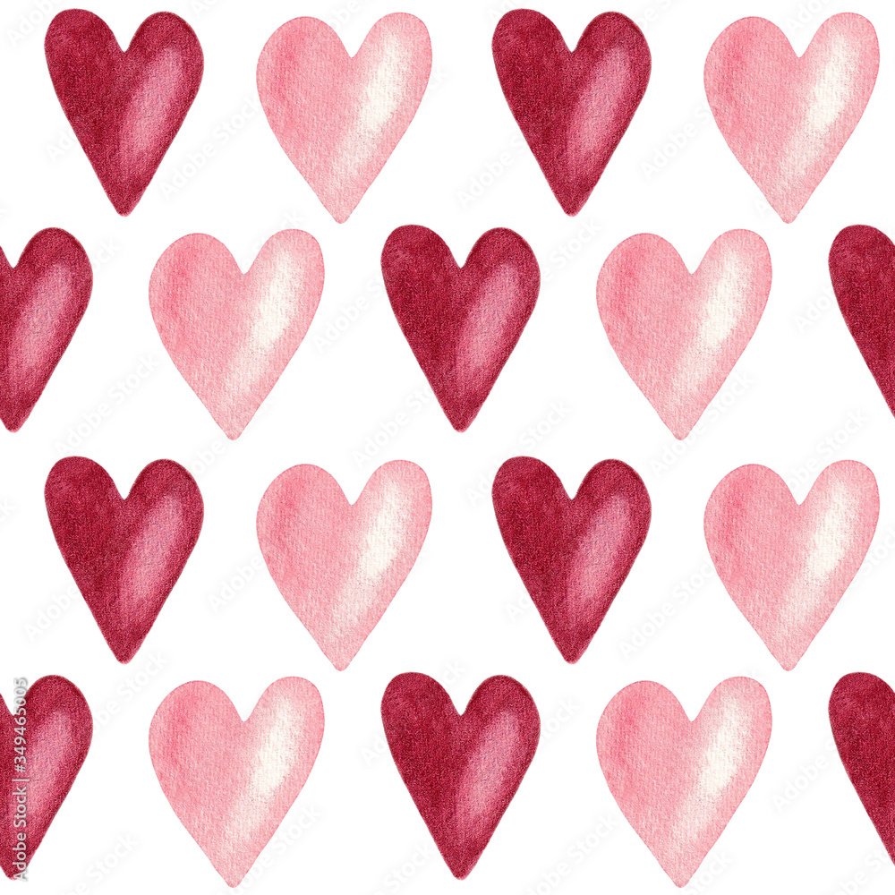Seamless pattern with dark red and pink hearts on white background, hand painted watercolor illustration